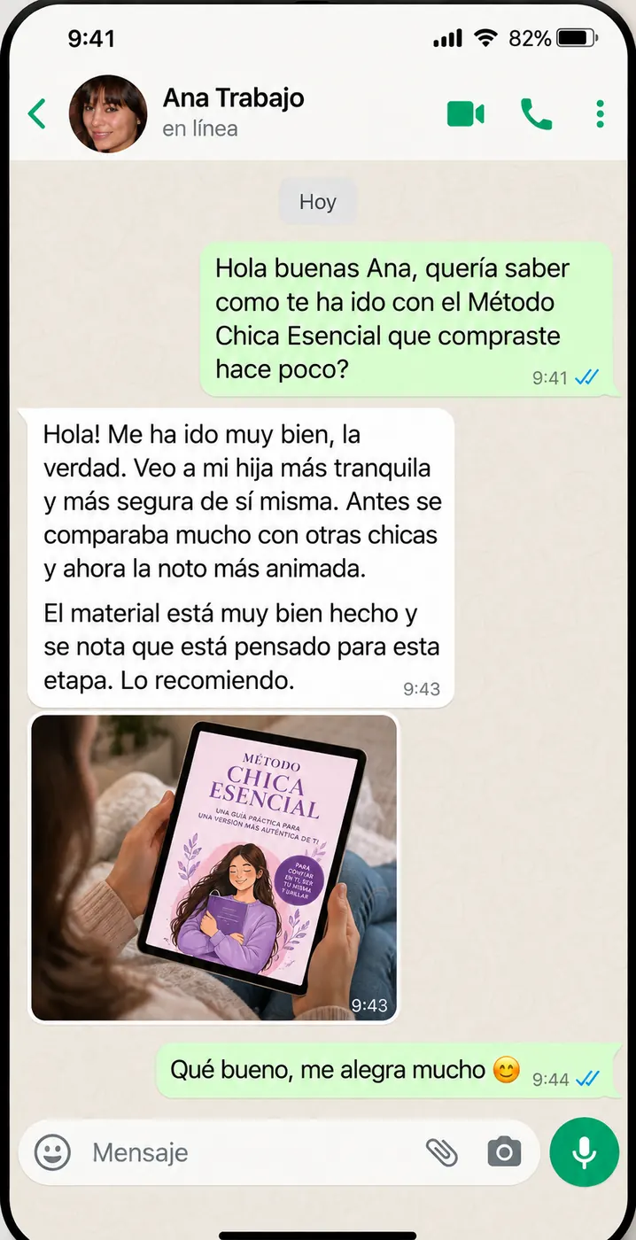Captura de conversación de Ana con una imagen del ebook Método Chica Esencial mostrado en una tablet