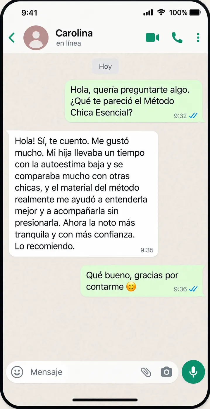Captura de conversación compartida como testimonio sobre el Método Chica Esencial