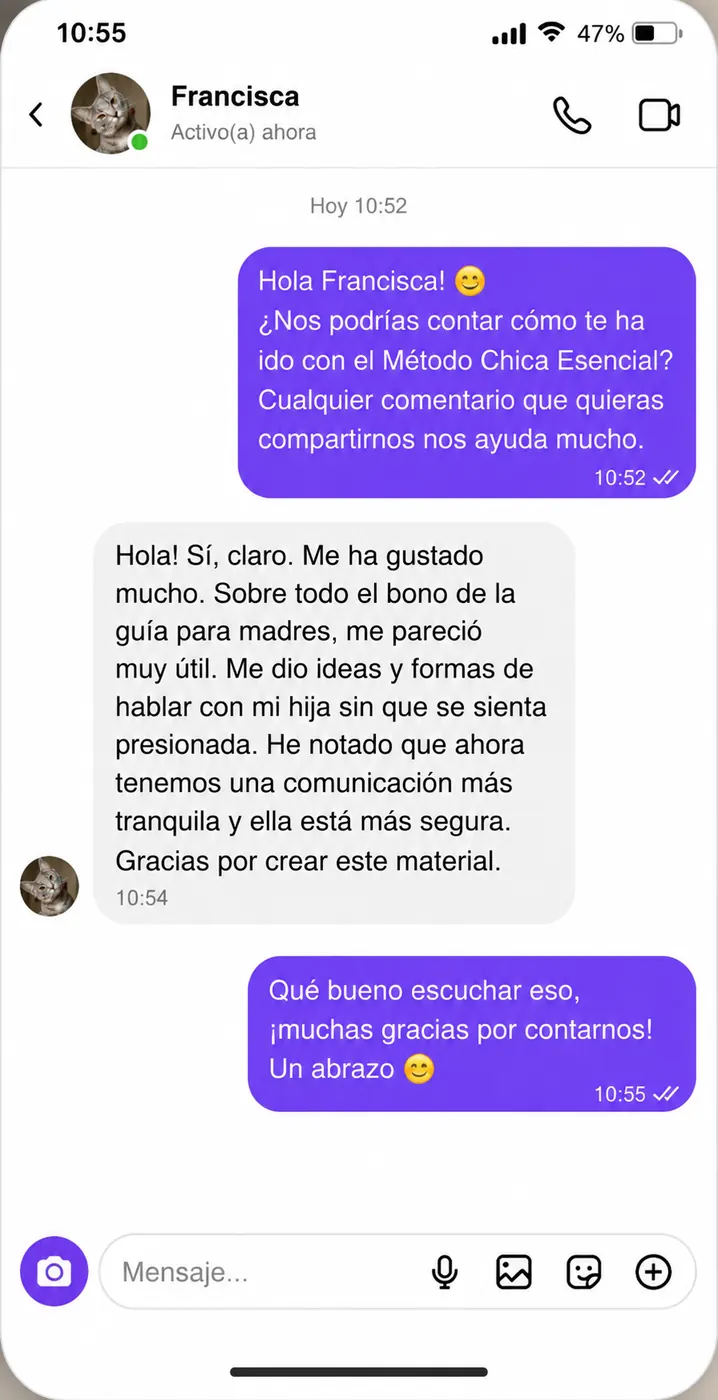 Captura de conversación compartida como testimonio sobre el acompañamiento a una hija adolescente